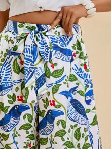 Travachic Plus Size Women Blue Tropical Plant Print Boho Wide Leg Pants For Holiday Summer Pool Party Coconut Girl Summer Boho Chic Boho Style Brunch Airport Beach Vacation City Break Holiday Western Western Wear Women Plus European Summer Island Vacation Honeymoon Old Money South Beach - Multicolor - View 6