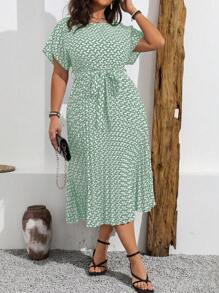 Flirla Plus Size Summer Casual Allover Print Batwing Sleeve Dress With Pleated Hem Maxi Women Outfit - Mint Green - View 1