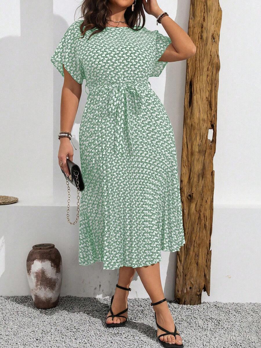 Flirla Plus Size Summer Casual Allover Print Batwing Sleeve Dress With Pleated Hem Maxi Women Outfit - Mint Green - View 1