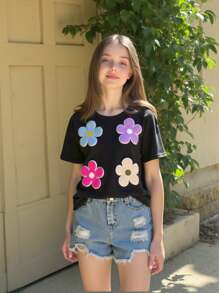 SHEIN 2pcs Set Tween Girls Embroidered Floral Decor T-Shirt + Washed Denim Shorts Set, New Summer Collection - Multicolor - View 1