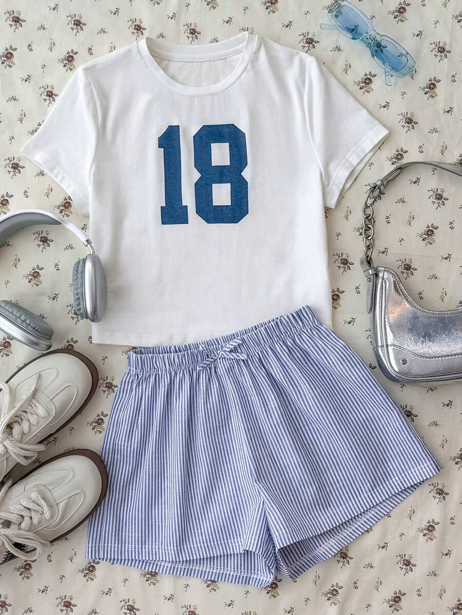 SHEIN Teen Girl White Solid Color Knitted Basic Casual Digital Print Round Neck Short Sleeve Fitted T-Shirt And Blue And White Striped Woven Waistband Woven Label Shorts Set Of Two, Suitable For Spring And Summer, Basic Style, Daily Style, Home Style, Versatile Style, Back To School Season Style, Pure Cotton, Details Elastic Waist Shorts, Home Leisure, Spring And Summer Style, Travel Style, Personalized Versatile, Clean Girl - Blue and White - View 1