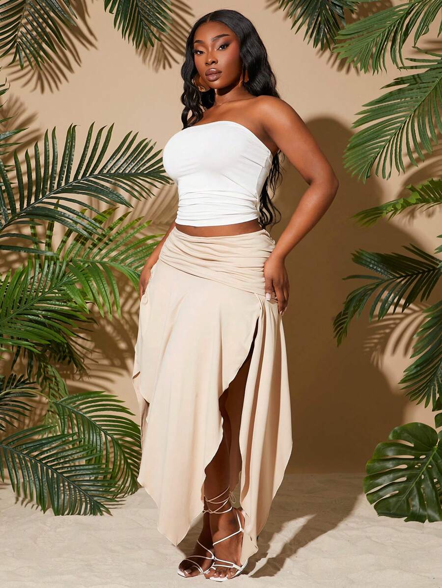 SHEIN SXY Saia Plissada Assimétrica de Cor Sólida Minimalista de Verão para Mulheres - Caqui - Visão 1