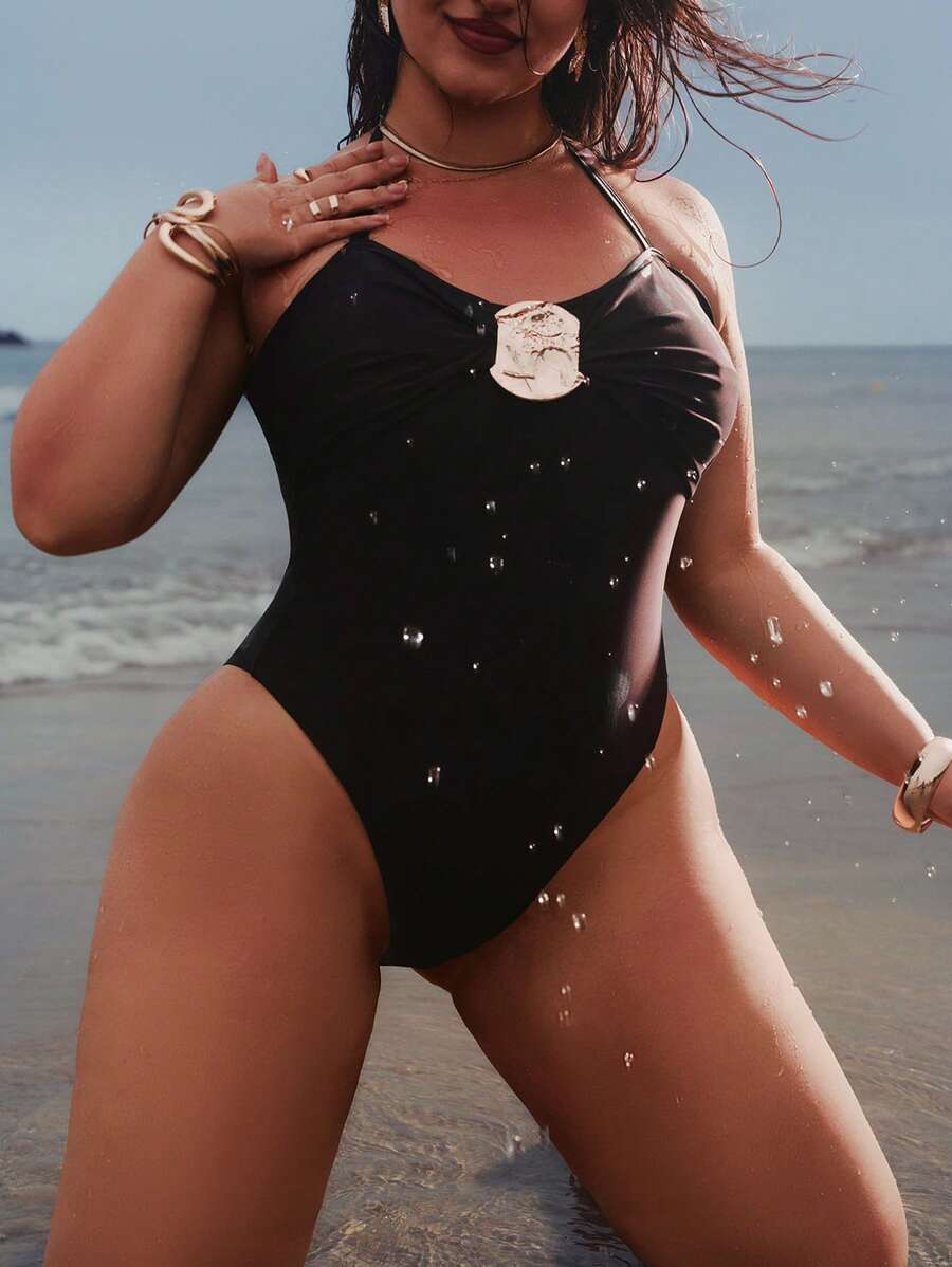 Auralis Women's Black Plus Size One-Piece Swimsuit,Classy Formal Evening Holiday Summer Beach Vacation Outfits,Boho Gold Metal Buckle Halter Bikini Swimwear - Brown - View 1