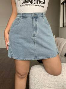 Dazy Plus Plus Size Light Wash Blue A-Line Mini Denim Skirt, Summer Jeans Skirt - Light Wash - View 4