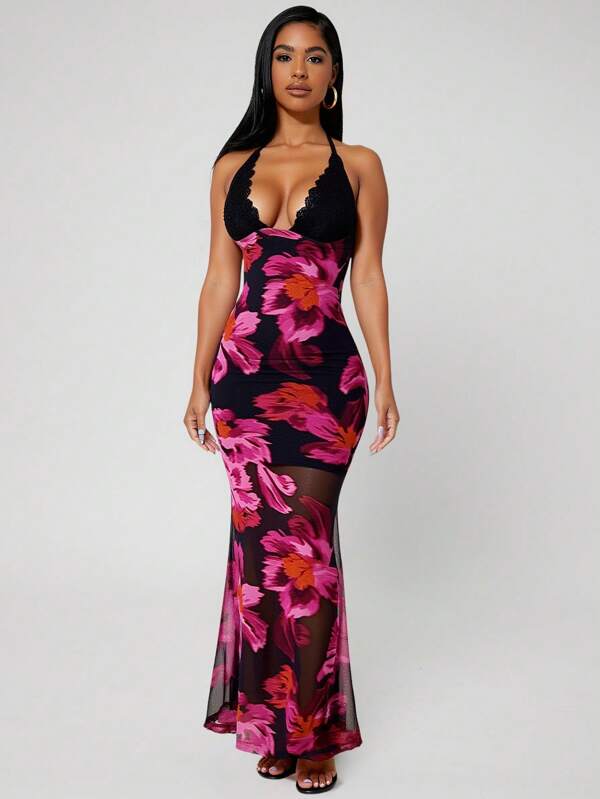 SHEIN SXY Summer Lace Cup Net Panel Floral Print Fish Tail Backless Halterneck Dress