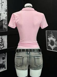 EgrlEra Women's Sexy V-Neck Short Sleeve Plain T-Shirt - Pink - View 2