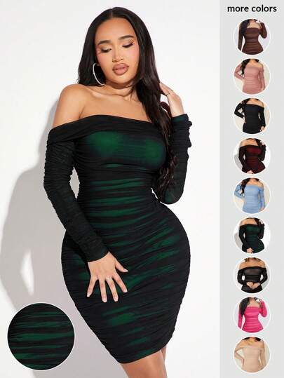 SHEIN SXY Vestido ajustado de hombros descubiertos fruncido con malla