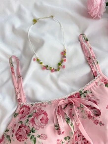 SHEIN Floral Fabric Bow Teenage Girl Holiday Dress, Elegant Vacation Chiffon Dress, Suitable For Beach, Vacation, Outing - Pink - View 3