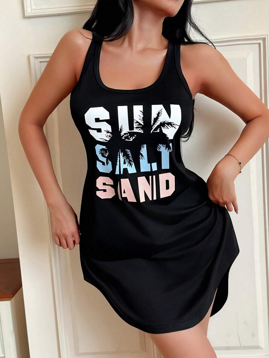 SHEIN Váy yếm in chữ phổ biến dành cho nữ, váy ngủ & mặc nhà thường ngày - màu đen - Xem 1