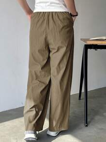 FRIFUL Women's Casual Solid Color Drawstring Waist Straight Leg Pants - Olive Green - View 3