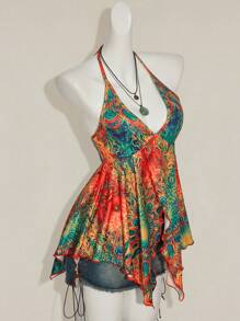 SHEIN ICON 女士春夏外出度假休闲复古印花露背吊带衫 Y2K V 领西部风女士波西米亚海滩女士嬉皮娃娃上衣 - 紅色 - 查看 5