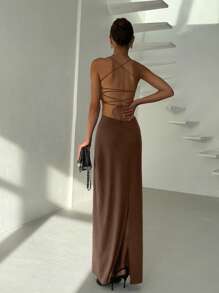 Aloruh Váy hè hở lưng màu trơn tối giản cho nữ - màu nâu - Xem 5