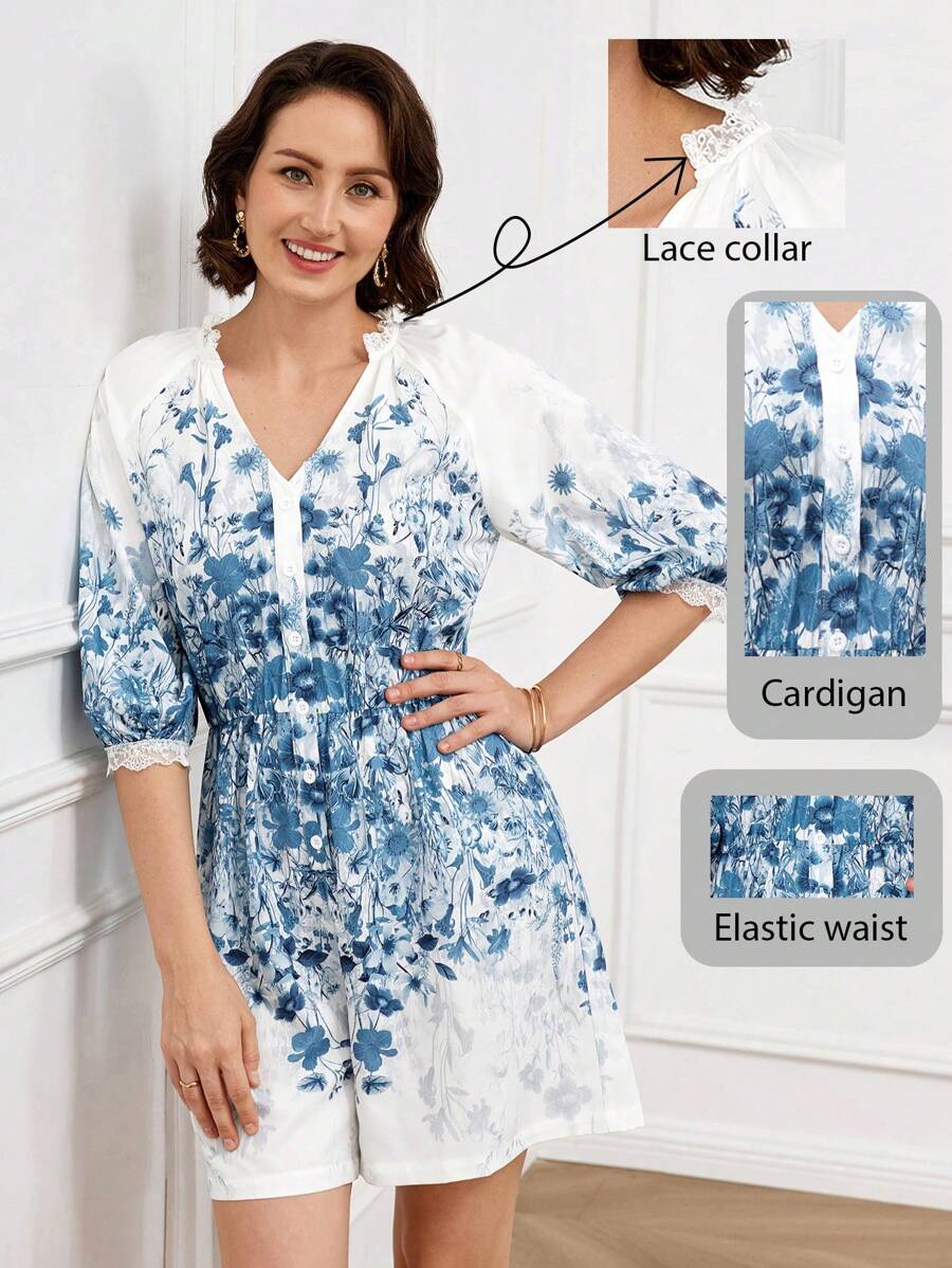 Miaspire Mono con estampado floral y cuello en V para mujer, primavera/verano