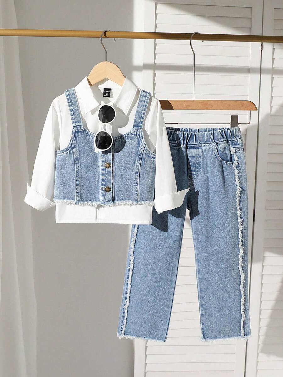 Conjunto de 3 piezas para niñas preadolescentes: Camisa con tirantes de mezclilla + Pantalones con bajo deshilachado