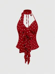 ROMWE Women Sexy Y2K Polka Dot Chiffon Full Print Ruffle Hem Design Turtleneck Tank Top - Red - View 1