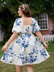 Flirla 大码钻石图案印花松紧腰拼布荷叶边下摆短袖连衣裙