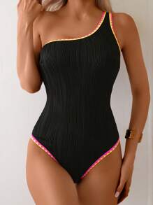 SHEIN Swim Women's Solid Wavy Texture One Shoulder Drawstring Ruffle Trim One-Piece Swimsuit, Beach Holiday For Summer Beach Vacation - Black - View 3