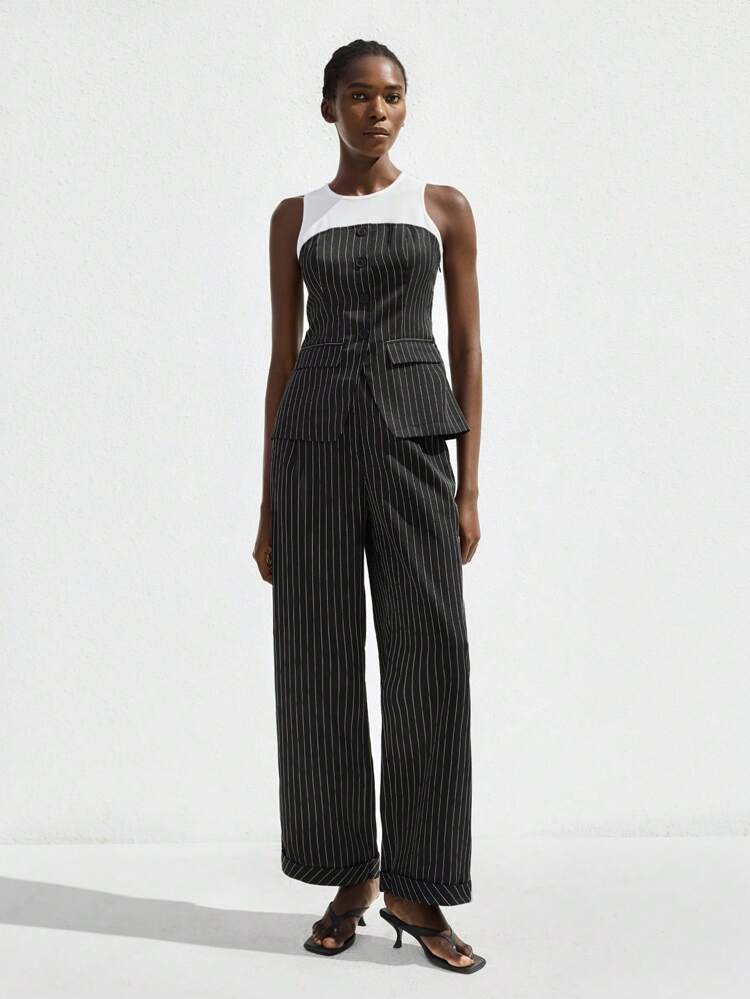 SHEIN Maija 2025 Mother's Day Music Festival Ladies High-Waist Black & White Striped Woven Flared Pants, Suitable For Weddings, Formal Occasions, Casual Commute, Retro-Inspired Look