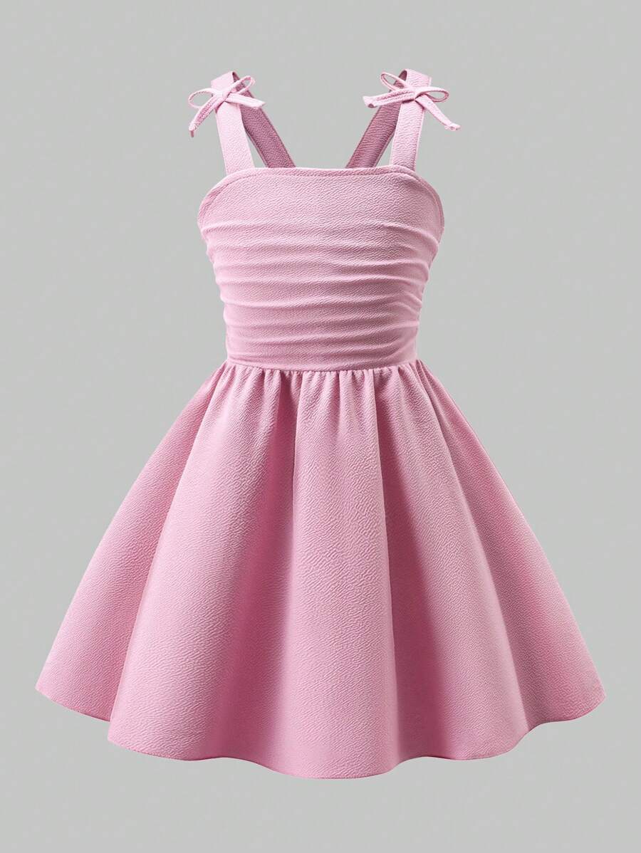 Elladie kids 年轻女孩优雅纯色 3D 蝴蝶结荷叶边吊带休闲连衣裙，适合春夏季茶会、郊游、派对和活动