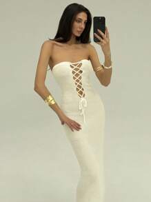 Aloruh Ladies Knitted Backless Tube Top Mini Dress - White - View 5