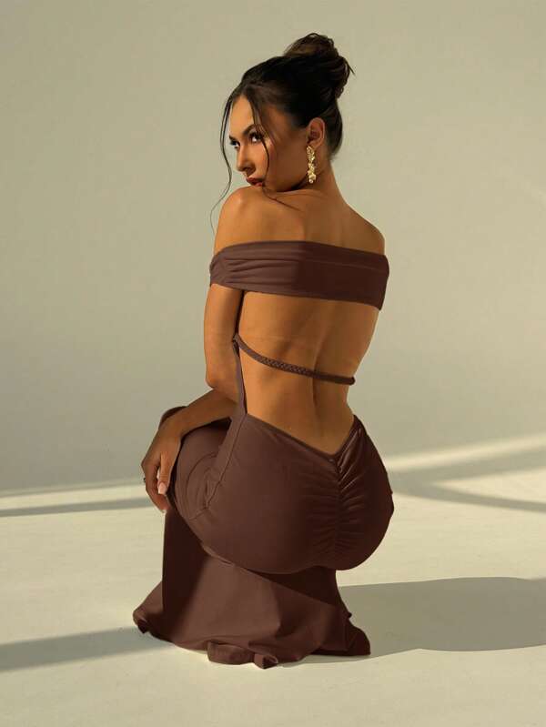Aloruh White Off Shoulder Figure-Hugging Dress With Ruched Detail, Suitable For Wedding Season