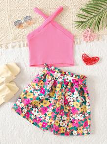 SHEIN Tween Mädchen Gestricktes Trägertop + Bedruckte Shorts Lässig Urlaubs-Set