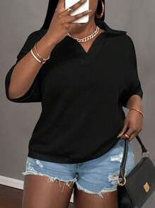 Slaydiva Loose Fit V-Neck Drop Shoulder Crochet Hollow Out Knitted Plus Size White Tops, Casual & Vacation Style, Spring/Summer