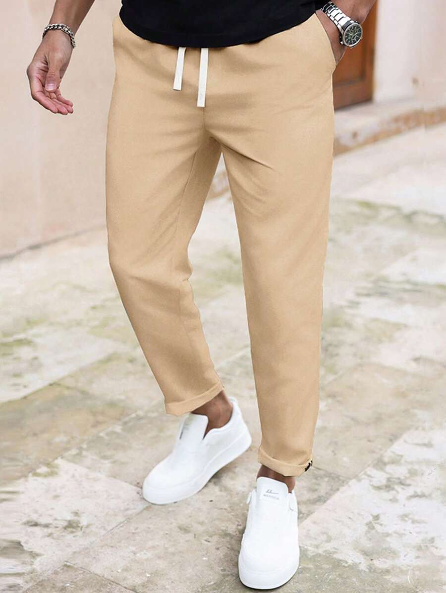 Manfinity Homme Men's Solid Color Casual Slim Fit Straight Leg Casual Pants, Fall - Khaki - View 1