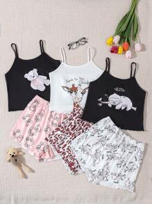 6pcs Teen Girl Cute Cartoon Bear, Girlaffe & Koala Printed Camisole Top And Shorts Pajama Set, Home Outfit Summer Sets For Girls Teen Girls Sets - Multicolor - View 1