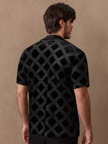 HIMLAND 男士鑲嵌方格圖案翻領襯衫，修身短袖鈕扣法蘭絨晚禮服時尚襯衫，送給男友的禮物