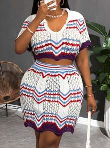 Slaydiva Ensemble Top en tricot à manches courtes et jupe, grande taille Y2431-1XL, minimaliste et à la mode, convient pour l'été - Multicolore - Voir 3