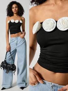 Easelle Three-Dimensional Flower Top Summer Black And White Flowers Festival Style Easter Outdoor Music Festival Decorative Flowers Black And White Top - Black and White - View 1