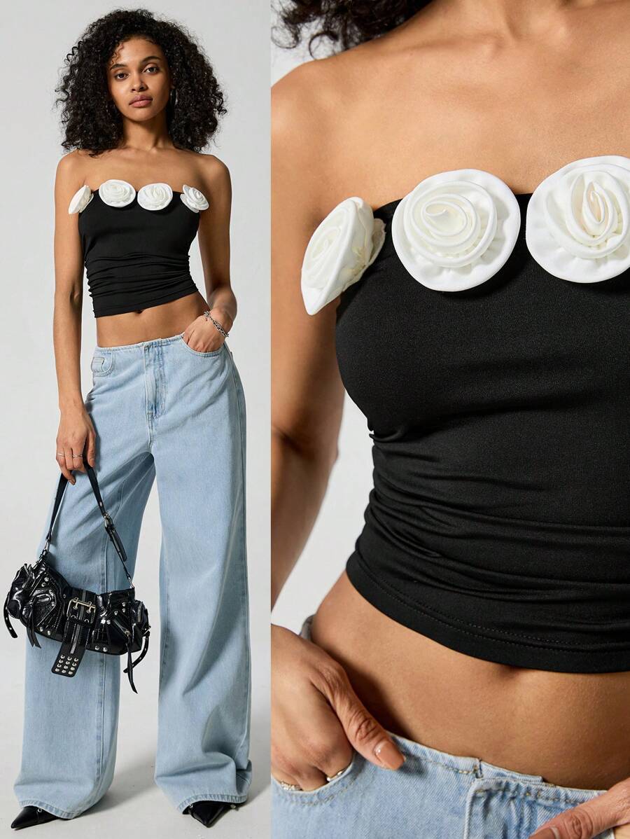 Easelle Three-Dimensional Flower Top Summer Black And White Flowers Festival Style Easter Outdoor Music Festival Decorative Flowers Black And White Top - Black and White - View 1