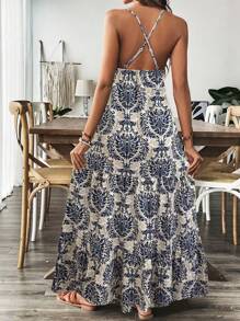 SHEIN PETITE Women's Summer Casual Vacation Apricot Background Green Floral Paisley Print Sleeveless Hollow Out Waist Dress - Blue - View 2