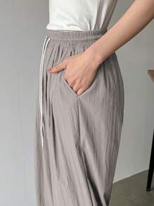 FRIFUL Women Casual Solid Color Drawstring Waist Straight Leg Pants