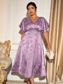 Allurite Abito elegante luccicante in tessuto jacquard con scollo a V e maniche corte, adatto per uscite, tè pomeridiano, ballo
