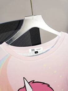 Unico X SHEIN Plus Size Cartoon & Letter Print Color Block Round Neck Short Sleeve T-Shirt, Suitable For Summer