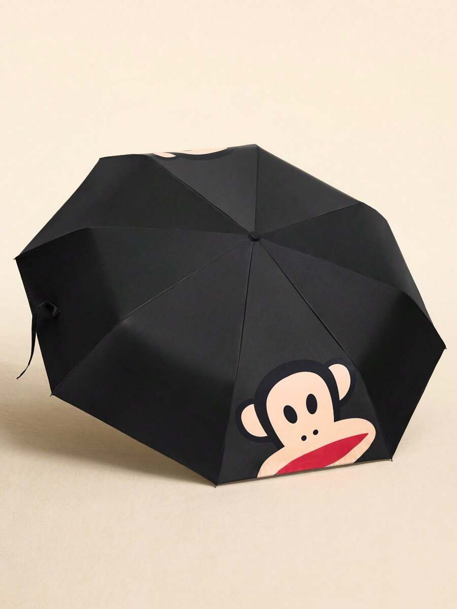 Paul Frank X SHEIN 1 pieza Paraguas automático de triple pliegue con estampado de diseño de dibujos animados lindos, con función de protección solar, adecuado para la escuela, el trabajo, las salidas y el uso diario, diseñado para estudiantes universitarios, estudiantes de secundaria, usuarios masculinos y femeninos, mono - Negro - Ver 1