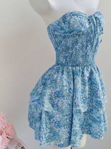 Elamini Ditsy Floral 抽绳腰部收腰双荷叶边下摆露背迷你连衣裙，百搭休闲度假优雅浪漫夏季适合海滩、下午茶、婚礼 - 藍色 - 查看 6