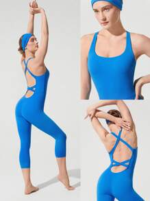 GLOWMODE 17" FeatherFit™ Go Figure Tummy Control Criss-Cross Jumpsuit Low Impact Yoga Pilates Studio Summer - Blue Power - View 8