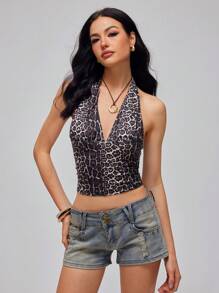 Roylia Women's Fashionable & Comfortable Deep V-Neck Halter Neck Fitted Tank Top With Retro Dotted Print - Multicolor - View 1