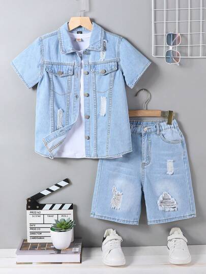 青少年男孩牛仔两件套服装