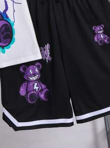 Set de 2 piezas para niño preadolescente con camiseta de cuello redondo blanca casual deportiva y pantalones cortos negros con estampado de oso europeo y americano de graffiti, adecuado para ropa de niños, atuendos de niño pequeño, de vuelta al cole, apto para fiestas de cumpleaños, fiestas de noche, actuaciones, bodas, bautizos, ceremonias de apertura, apto para uso diario, apto para la escuela, apto para viajes, apto para deportes, apto para primavera y verano