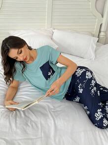 SHEIN 2pcs Floral Print Contrast Color Pocket Short Sleeve Top And 3/4 Length Shorts Set - Multicolor - View 4