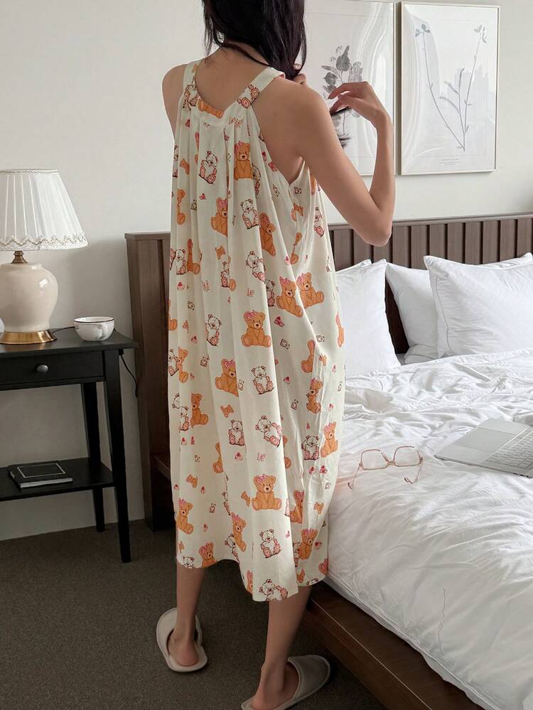 Women's Full Print Bear Pattern Sleeveless Nightgown Pajama