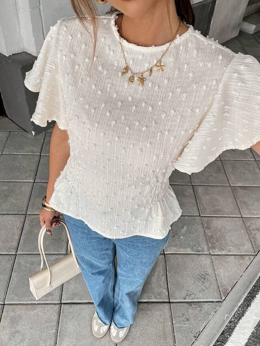 SHEIN Essnce Women's Casual Swiss Dot Ruffle Sleeve Blouse, Summer - Yellow - View 1
