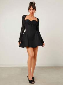 SHEIN SXY Black Skirt Stitching Lace Long Sleeve Princess Ballet Skirt Sexy Mini Dress - Black - View 5