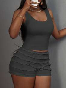 Slaydiva Y2K Girly Cute Style U-Neck Sleeveless Top & Multi-Layer Ruffle Hem Shorts, Pink Solid Color Ladies 2-Piece Set