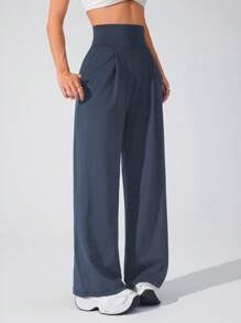 Lifespree Solid Color High Waist Pocketed Stylish Sport Pants, Suitable For Outdoor Sports