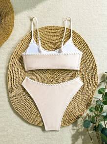 SHEIN Swim Women's Summer New Embroidered Floral Trim Solid Texture Bikini Set - Apricot - View 8